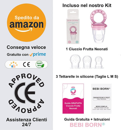 Ciuccio Frutta Neonati | 1 Ciuccio Frutta + 3 Taglie Di Tettarelle Silicone Senza BPA [3 a 24 Mesi] + Manuale D'Uso + Guida GRATUITA | Allevia Il Dolore Alle Gengive | Ciuccio per Frutta Neonati Rosa