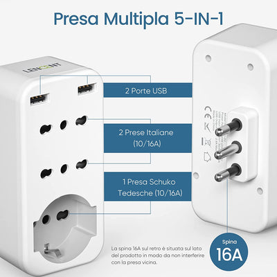 Presa Multipla USB, Presa Salvaspazio Con 10A/16A, Spina Italiana, Adattatore Multipresa Elettrica Da Muro Con 1 Schuko & 2 Prese IT & 2 USB, Tripla Presa 2400W per Ufficio Casa Viaggio-Bianco