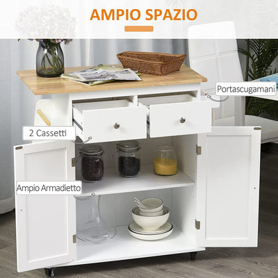 Carrello Da Cucina Portaspezie a 3 Livelli Con 4 Ruote Girevoli, Carrello Portavivande Con Armadietto in Legno, 89X45X89.5Cm, Bianco