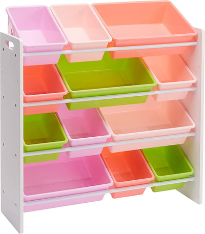 Organizer per Giocattoli per Bambini Con 12 Contenitori in Plastica, Legno Bianco E Contenitori Rosa, 10.9" X 33.6" X 31.1"