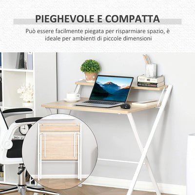 Scrivania Pieghevole Salvaspazio Con Mensola Superiore per Camera E Ufficio, 81.5X70X84Cm, Color Legno E Bianco