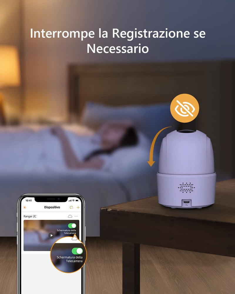 Telecamera Wi-Fi Interno, 1080P Videocamera Di Sorveglianza, Tracciamento Del Movimento Con Sirena, Con Rilevamento Umano, Audio Bidirezionale, Funziona Con Alexa, 2,4G, Ranger 2C