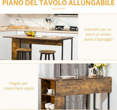 Bancone Bar Pieghevole in Stile Industriale Con Scaffale a 3 Ripiani, Tavolo Alto in Legno E Acciaio 120X76X91.4Cm