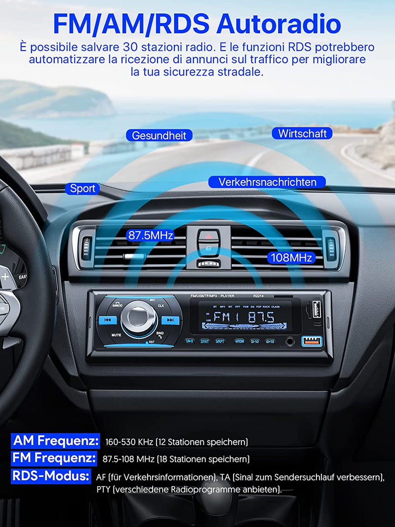 RDS Autoradio Bluetooth 5.0 Vivavoce,  FM/AM Bluetooth Autoradio Con Telecomando, Supporto Due USB/AUX In/Sd/Tf/Wma/Wav/Mp3 Player, 1 DIN Stereo Radio 4X65W Supporto Ios Android