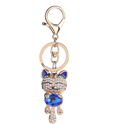 Fashion Enamel Lucky Cat Crystal Keychain Alloy Keyring for Women Party Gift Key Chains