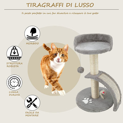 TIRAGRAFFI per Gatti Alto 54 CM. GRAFFIATOIO Parco Giochi Gioco Da Gatto Con Corda SISAL E Cuccia Albero GRAFFIO Palestra - Grigio