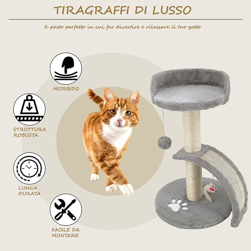 TIRAGRAFFI per Gatti Alto 54 CM. GRAFFIATOIO Parco Giochi Gioco Da Gatto Con Corda SISAL E Cuccia Albero GRAFFIO Palestra - Grigio