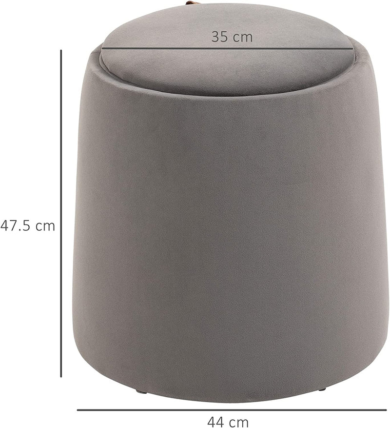 Pouf Poggiapiedi in Velluto Con Contenitore, Coperchio 2 in 1 Con Imbottitura E Lato in Legno, Tavolino Da Caffè Rotondo Ø44 X 47.5Cm, Grigio