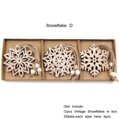 12PCS Box Multi Christmas Snowflakes Wooden Pendants Ornamen