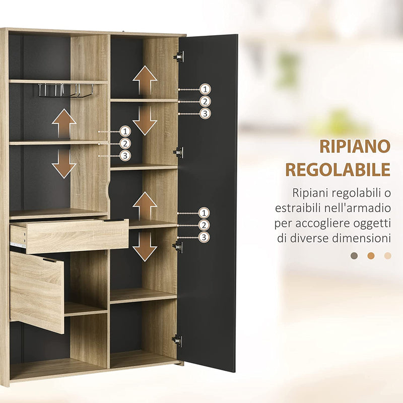 Credenza Moderna Con Armadietto E Cassetto, Madia Con Ripiani Regolabili E Porta Calici, 110X41.5X180Cm, Legno Naturale E Grigio