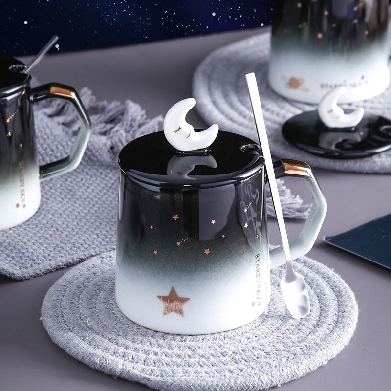 Starry Sky Mug with Lid Spoon Personality Trendy Ceramic Water Cup