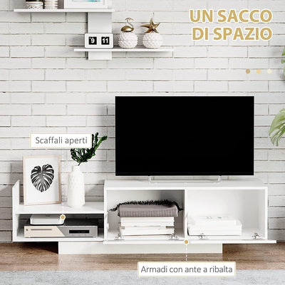 Mobile TV Moderno Con Armadietto E Mensola a Muro, Mobiletto Basso in Legno per Salotto E Soggiorno, Bianco