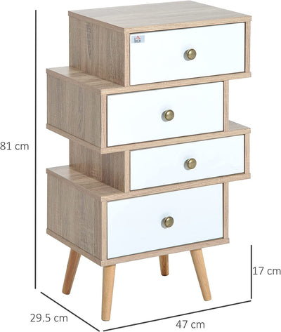 Mobiletto Multiuso Stile Nordico Cassettiera Con 4 Cassetti in Legno, 47 X 29.5 X 81Cm