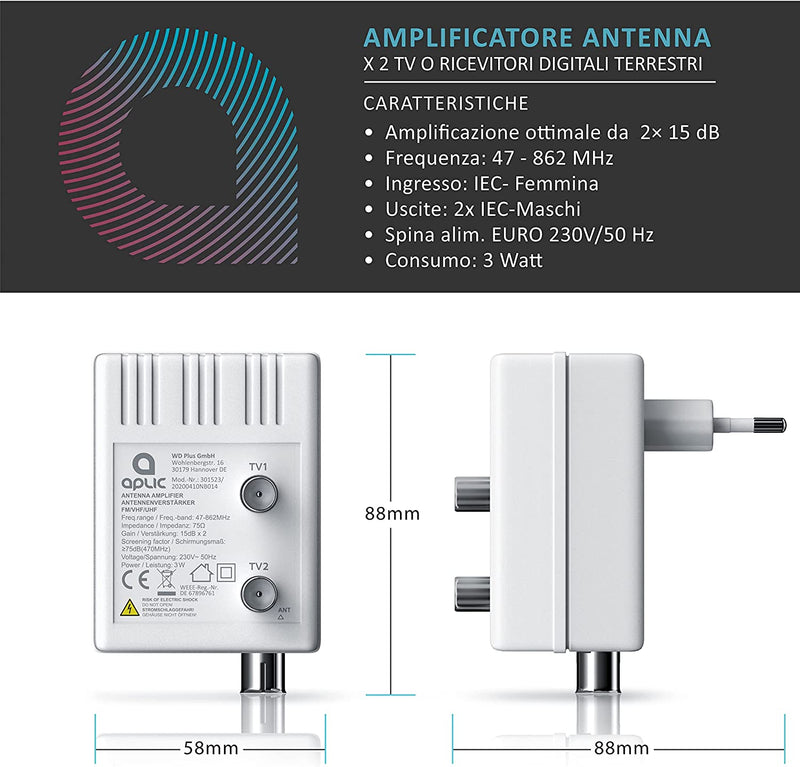 - Amplificatore Antenna TV - a 2 Uscite 15Db - Full HD- DVB-T DVB-T2 - DVB-C - Radio UHF, VHF, UKW