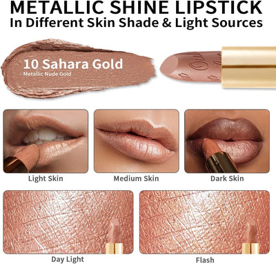 Rossetto Nudo Oro Lucido Metallico 3D, Rossetto Lunga Durata, Formula Idratante, Impermeabile,Vegan E Cruelty-Free, Rossetti a Copertura Totale, 4,3G Sahara Gold(10)