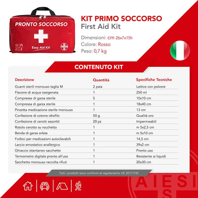 ® Kit Di Pronto Soccorso Professionale per Auto Casa Viaggio Barca Moto Trekking Con TERMOMETRO E DISINFETTANTE # EASY AID KIT # Borsa Di Emergenza Completa per Medicazione # Made in Italy