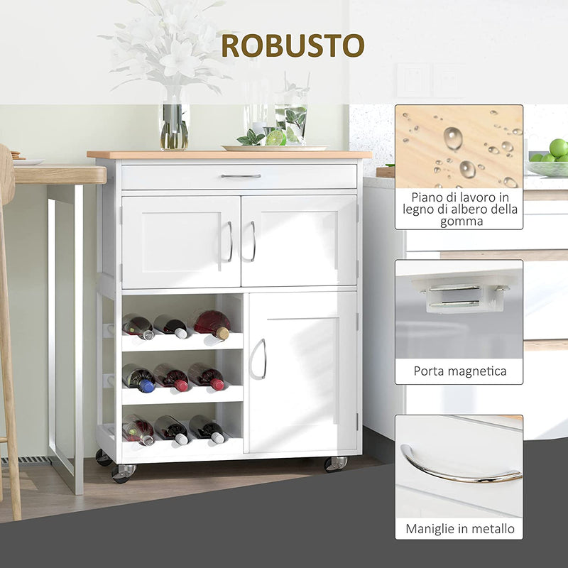 Carrello Portavivande, Carrellino per Cucina in Legno Bianco Con Portabottiglie 1 Cassetto E 3 Antine, 67X37X87Cm