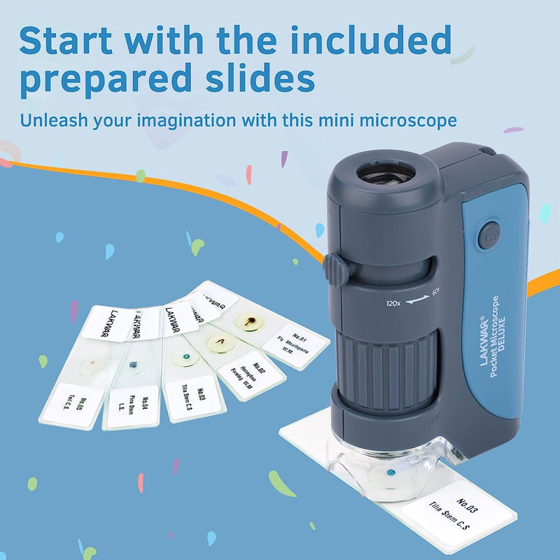 Microscopio Portatile per Bambini 60-120X, Mini Microscopio Tascabile Illuminato LED & UV, Con Vetrini per Microscopio Preparati 5