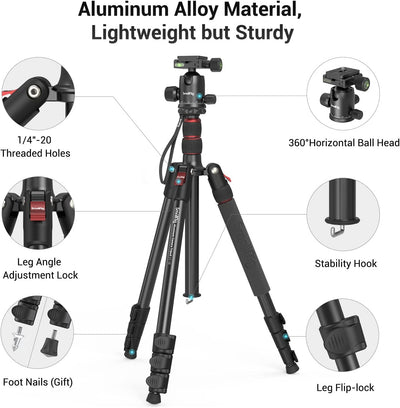 Treppiede per Fotocamera Monopiede, Treppiede in Alluminio Leggero E Portatile Da 72" 182 Cm, Testa a Sfera a Sgancio Rapido a 360°, Carico Massimo 15 Kg, Regolabile Da 17" a 72" - 3935