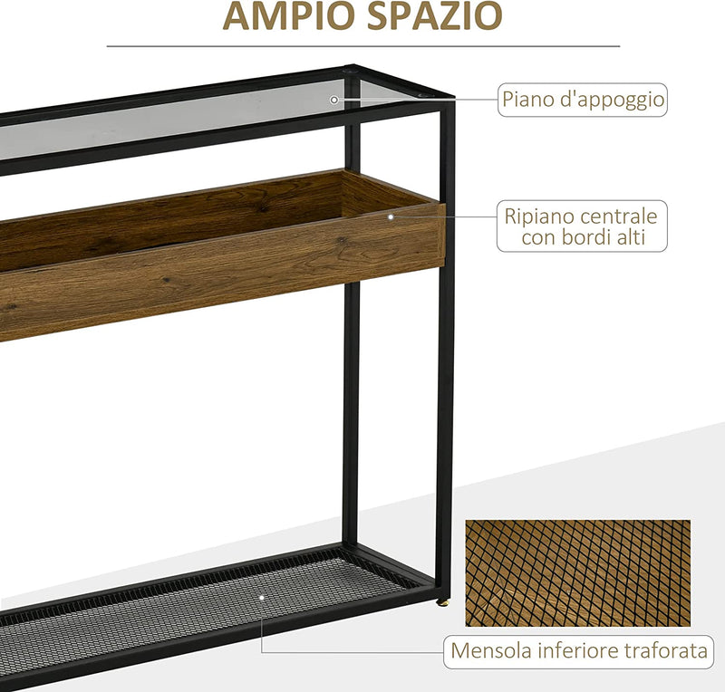 Tavolo Consolle Da Ingresso in Stile Industriale, Ripiano in Vetro, Struttura in Acciaio E Legno, Tavolino Da Salotto E Soggiorno, Marrone Rustico