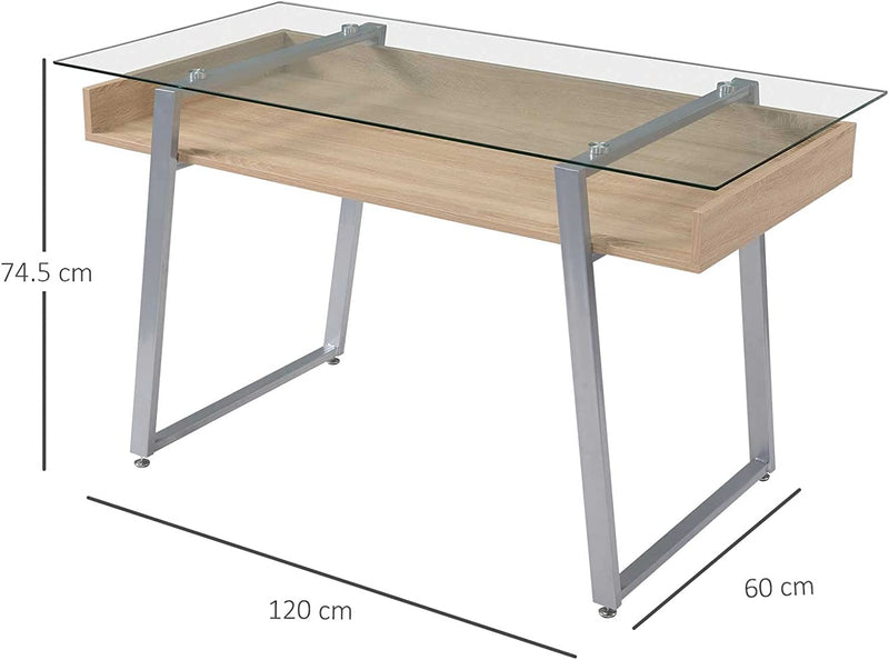 Scrivania Da Computer Di Design Con Piano in Vetro Temperato Di 9Mm E Telaio in Legno E Acciaio, per Casa Ufficio