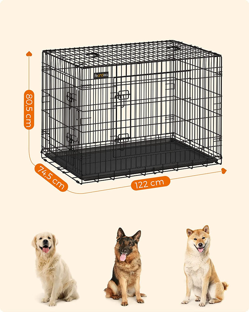 Gabbia per Cani Pieghevole, Con 2 Porte, Vassoio Rimovibile, 122 X 74,5 X 80,5 Cm, XXL, Nero PPD48H