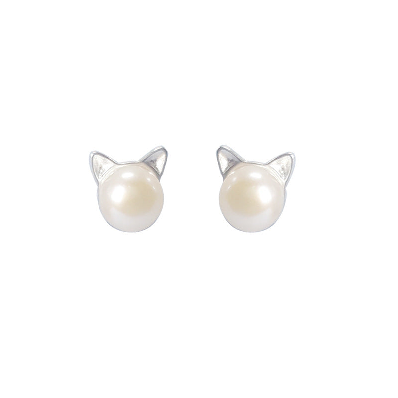 925 Sterling Silver Natural Freshwater Pearl Sprouting Cat Cat Ears Earrings