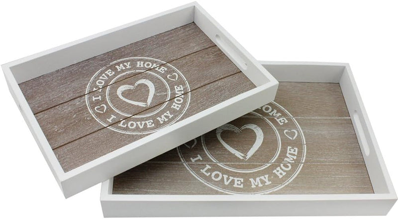 ® 2X Vassoio in Legno - Vassoio Rettangolare in Legno Con Motivo "I LOVE MY HOME" in Diverse Dimensioni - Vassoio Shabby Chic Con Manici (02 Pezzi - "I LOVE MY HOME")