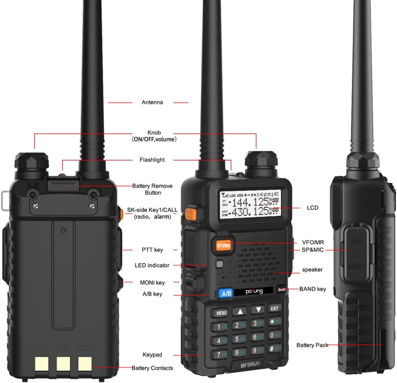 Walkie Talkie 5R Dual Band VHF/UHF Ricaricabile Radio Bidirezionale Con 128 Canali VOX Caricatore USB Lunga Distanza Due Vie Radio (Nero), (BF5RUV)