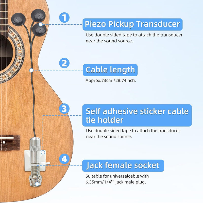 Pickup Piezo per Chitarra 2 Pezzi, Pickup per Chitarra Trasduttore Piezoelettrico 6.35Mm Pickup Microfono Piezoelettrico 3 in 1 per Chitarra Acustica Ukulele Mandolino Strumenti