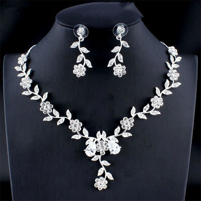 Golden Zircon Jewelry Set Bridal Necklace Earrings Wedding Two-Piece Set