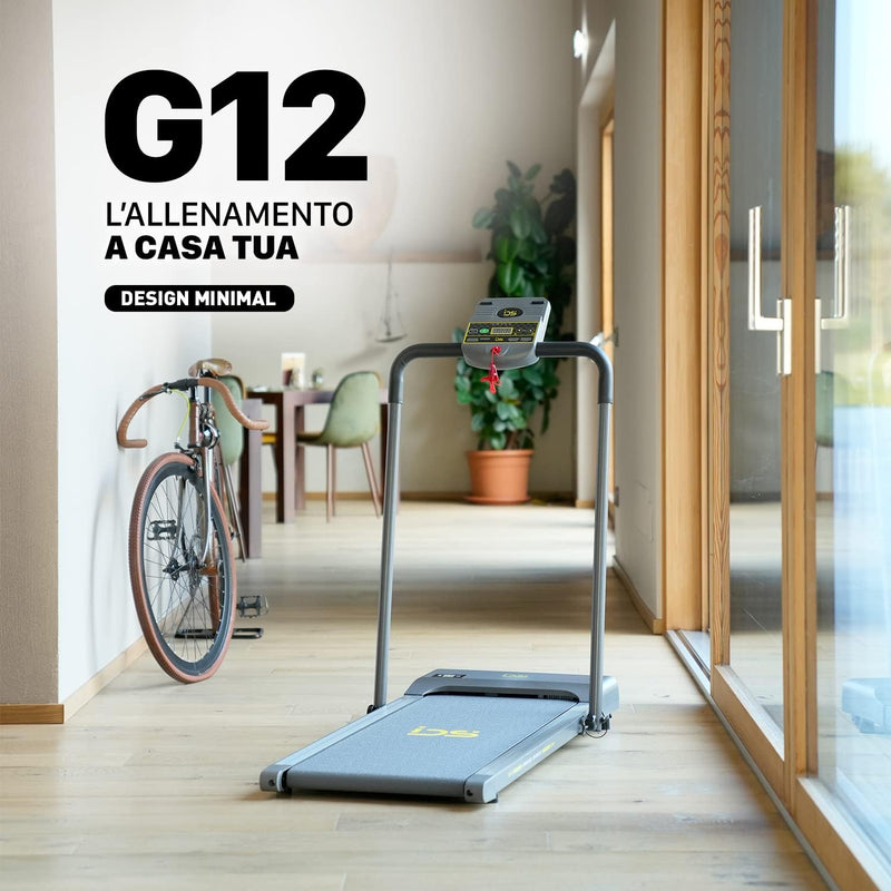 G12 Tapis Roulant Elettrico Pieghevole, Brand ITALIANO, Tappeto Corsa Extra Large (42 Cm), 10 Km/H, Salvaspazio, Display Multifunzione, Supporto Tablet, Garanzia E Assistenza ITALIA