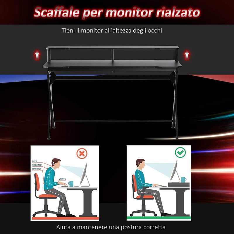 Scrivania Da Gaming Ergonomica Con Piano Rialzato per Monitor E Gancio Cuffie,Scrivania per Computer in MDF E Acciaio Nero, 140 X 60 X 90Cm