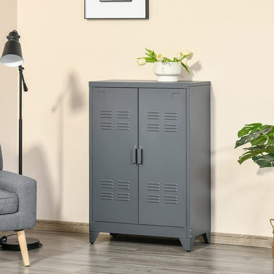 Mobiletto Multiuso a 2 Ante Stile Industriale, Armadietto Metallico per Casa E Garage, 75X33X110Cm, Grigio