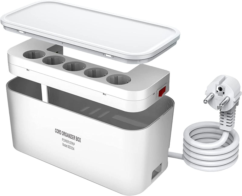 Ciabatta Multipresa USB Con Scatola Porta Cavi, Presa Multipla 5 Prese Con 3 USB, Adattatore per Presa per Scatola Portacavi (2500 W) Con Cavo Da 2M, 29,5 * 14 * 14 Cm,Bianco