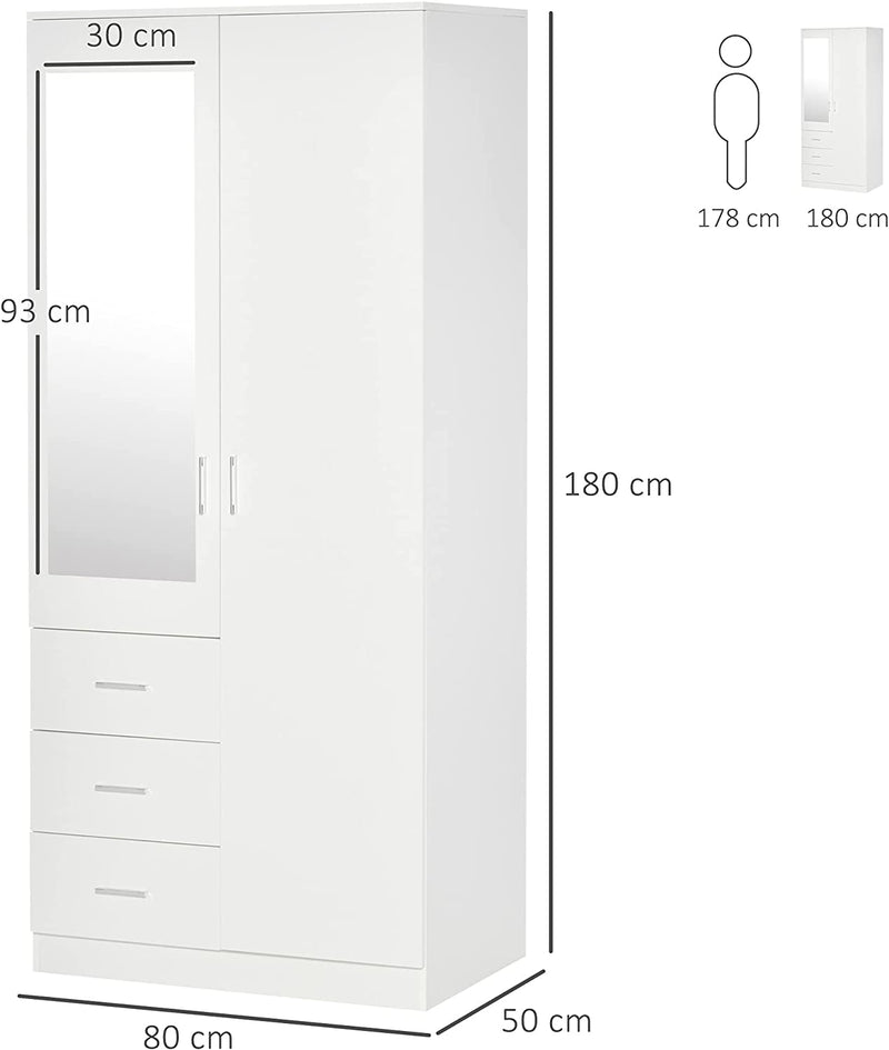 Armadio Moderno Guardaroba 2 Ante Con Specchio E 3 Cassetti, Mensole Regolabili E Barra Appendiabiti, 80X50X180Cm, Bianco