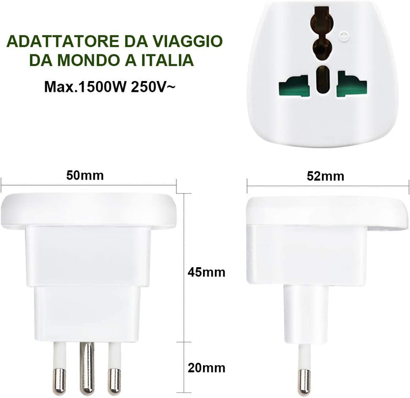 Adattatore Universale Da Viaggio, Adapter/Adattatore Da Viaggio World to Italy, Bianco, 2 Pezzi