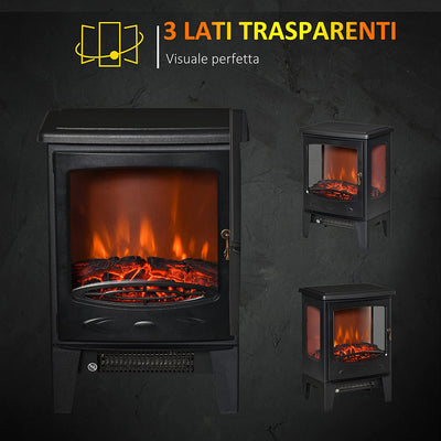 Camino Elettrico Effetto Fiamma E 3 Lati Aperti, Temperatura Regolabile 900W-1800W, Copertura 20-25M², 39X26X54.8Cm, Nero