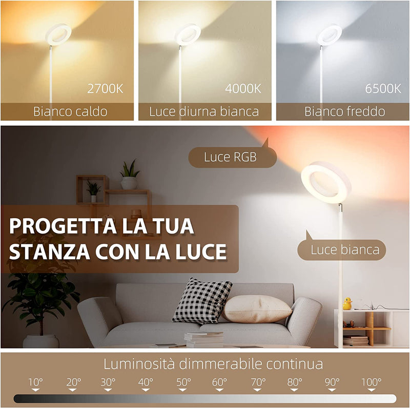 Lampada Da Terra Compatibile Con Alexa E Google Home, Con Luce RGB a Doppia Illuminazione, in Acciaio, Φ25X168 Cm, Bianca