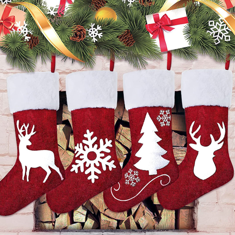 4 Pack 18Inch Christmas Stockings Large Xmas Red and White Snowflake Reindeer Antelope Christmas Tree Character