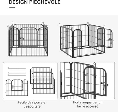 Recinto per Cani Pieghevole per Interno Ed Esterno, Porta Con Catenaccio E Picchetti Di Fissaggio, 82X82X60Cm Grigio Scuro