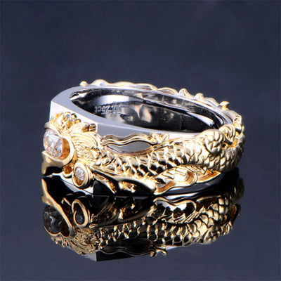 New Men'S Domineering Dragon Pattern Two-Color Zircon Rhinestone Ring Fashion Punk Hip Hop