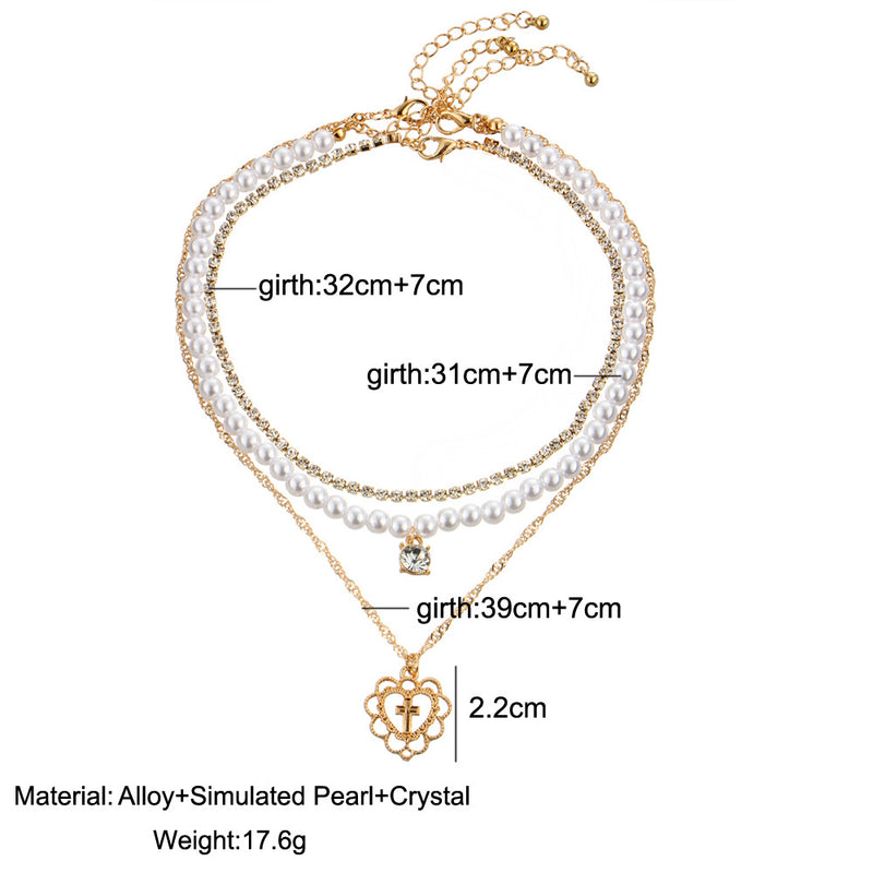 Pearl Drops Love Necklace Rhinestone Multilayer Wedding Clavicle Chain