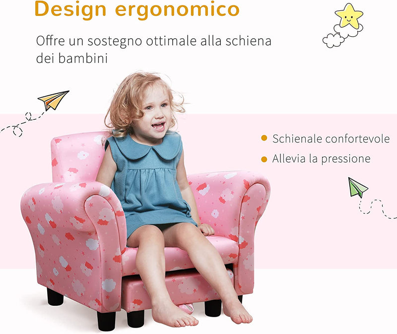 Poltroncina per Bambini Con Poggiapiedi Estraibile, Struttura in Legno Con Imbottitura, 57X42X45Cm, Rosa E Bianco