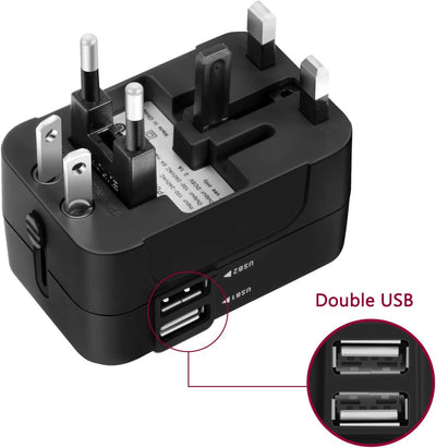 Adattatore Da Viaggio,  Adattatore Da Viaggio Universale Con 2 Porte Caricabatterie USB Adatto per Più Di 180 Paesi (Nero)