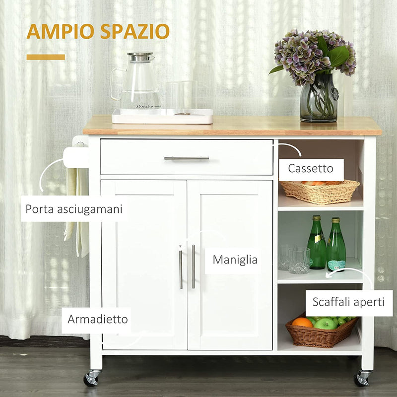 Carrello Con Ruote Salvaspazio, Penisola Cucina in Legno Massiccio: 1 Cassetto, 1 Armadietto, 3 Ripiani E 4 Ruote, 107.5X48X89 Cm