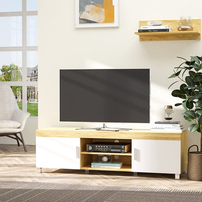 Mobile TV Con 2 Armadietti, 2 Fori Passacavi E 2 Ripiani in Legno MDF, Mobiletto Bianco per TV Fino 63", 140X40X41.5Cm