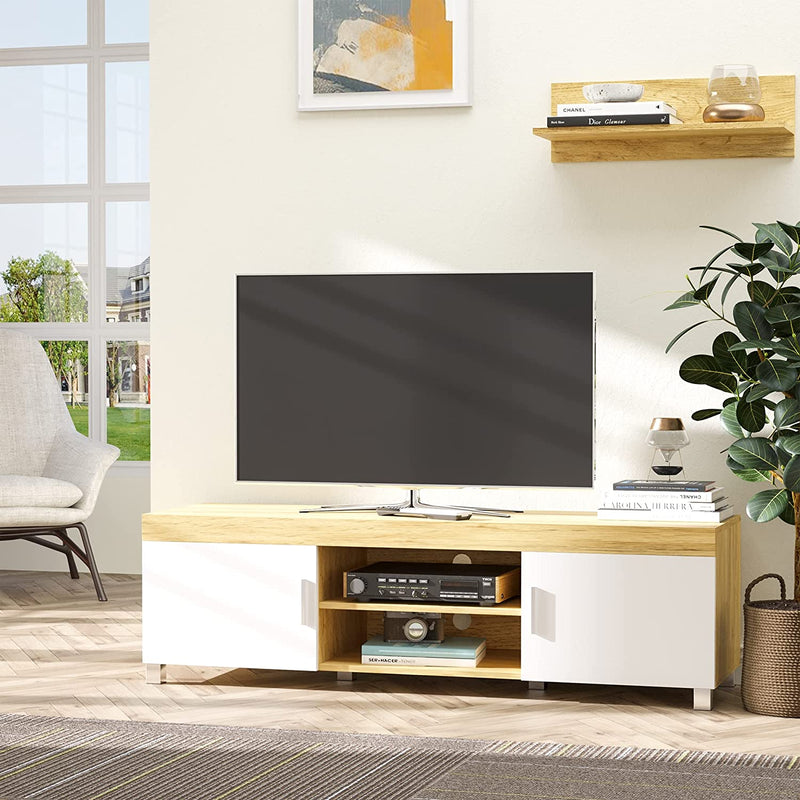 Mobile TV Con 2 Armadietti, 2 Fori Passacavi E 2 Ripiani in Legno MDF, Mobiletto Bianco per TV Fino 63", 140X40X41.5Cm