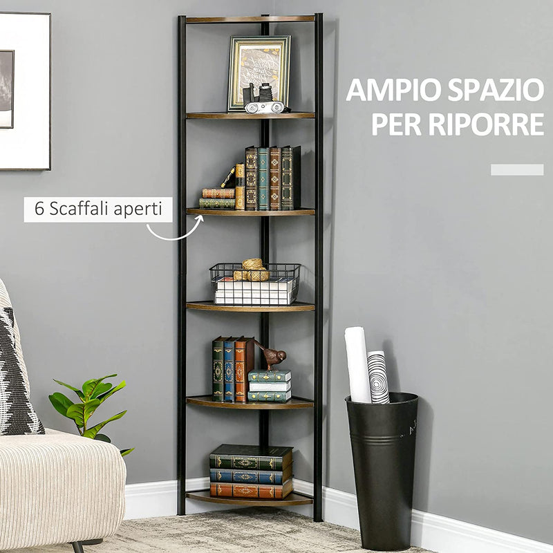 Libreria Moderna Angolare a 6 Ripiani in Metallo E MDF, Mobile Libreria a Parete per Salotto E Studio, 34X34X166Cm