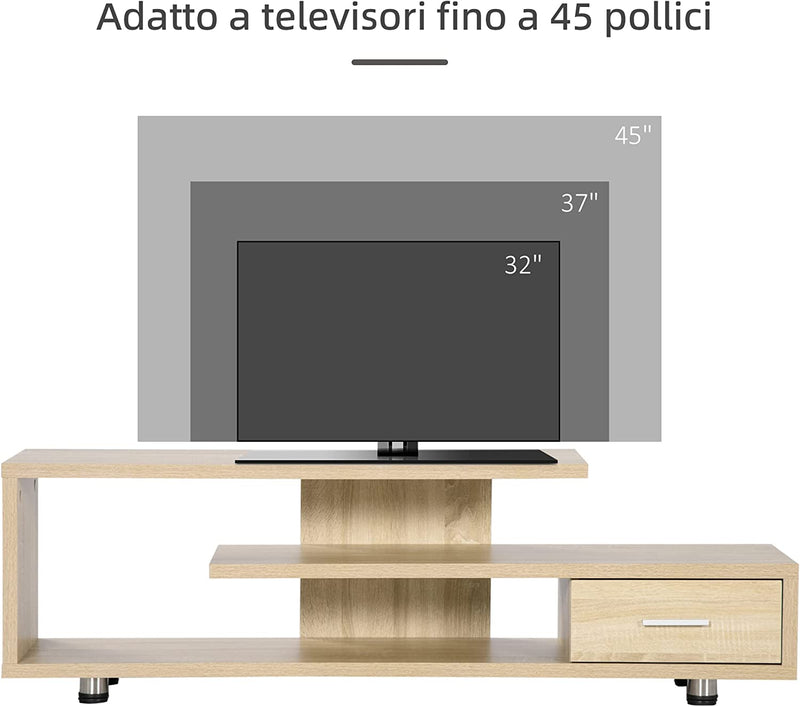 Mobile TV Moderno per TV Fino a 45", Mobile TV Aperto in Truciolato Con Cassetto, 135X35X41.7Cm, Color Legno